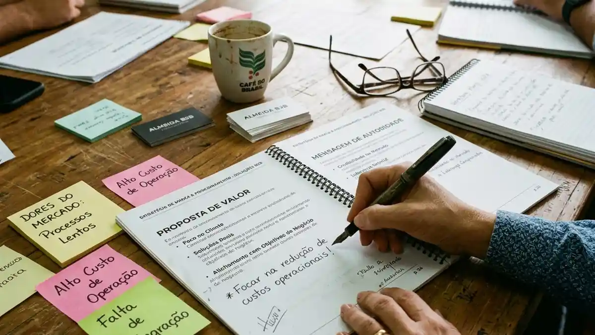 Mesa de trabalho de estratégia B2B com manual de posicionamento de marca aberto, anotações de diferenciação de mercado e proposta de valor.