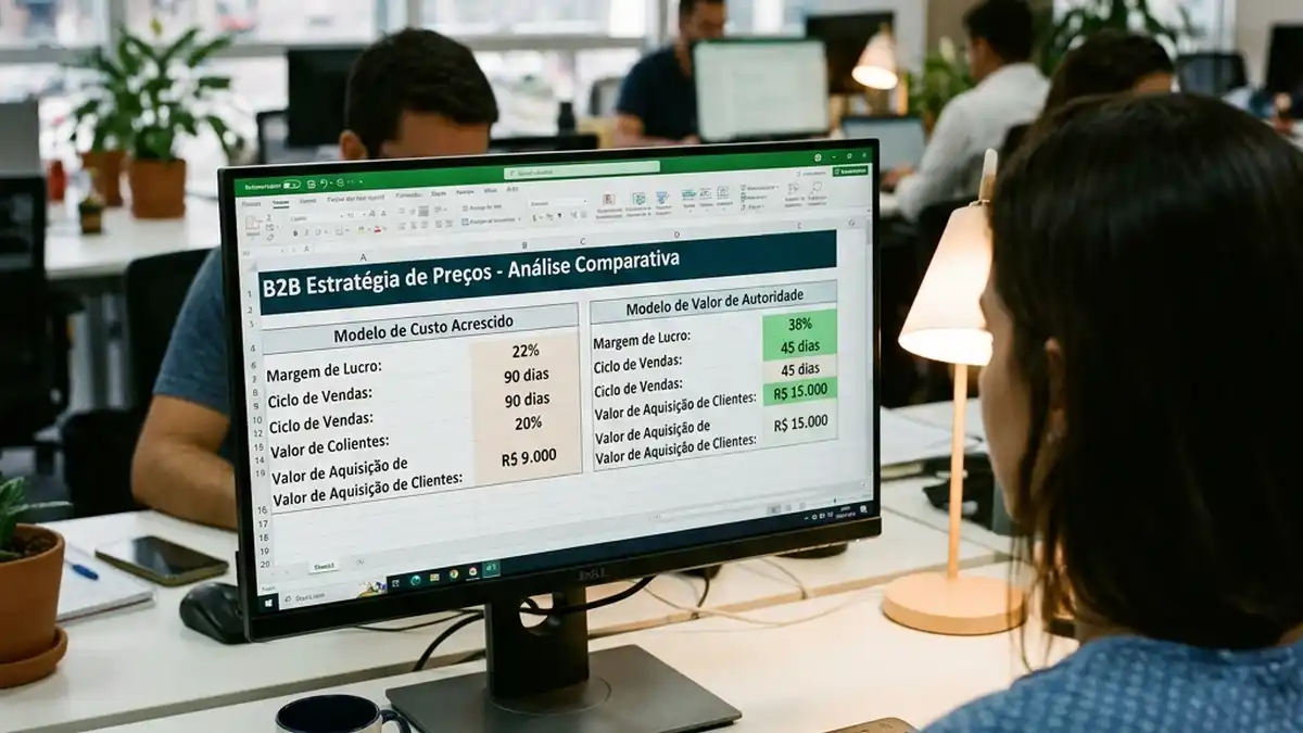Monitor com tela de software de análise comercial B2B comparando métricas de precificação baseada em valor versus concorrência por preço.