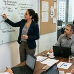 Estrategista B2B explicando matriz de posicionamento de marca e transição de concorrência por preço para autoridade em quadro de planejamento corporativo.