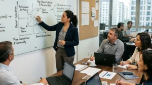 Estrategista B2B explicando matriz de posicionamento de marca e transição de concorrência por preço para autoridade em quadro de planejamento corporativo.