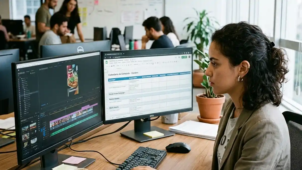 Especialista de marketing editando vídeos verticais para Instagram Reels em monitor duplo com linha do tempo de software de edição.