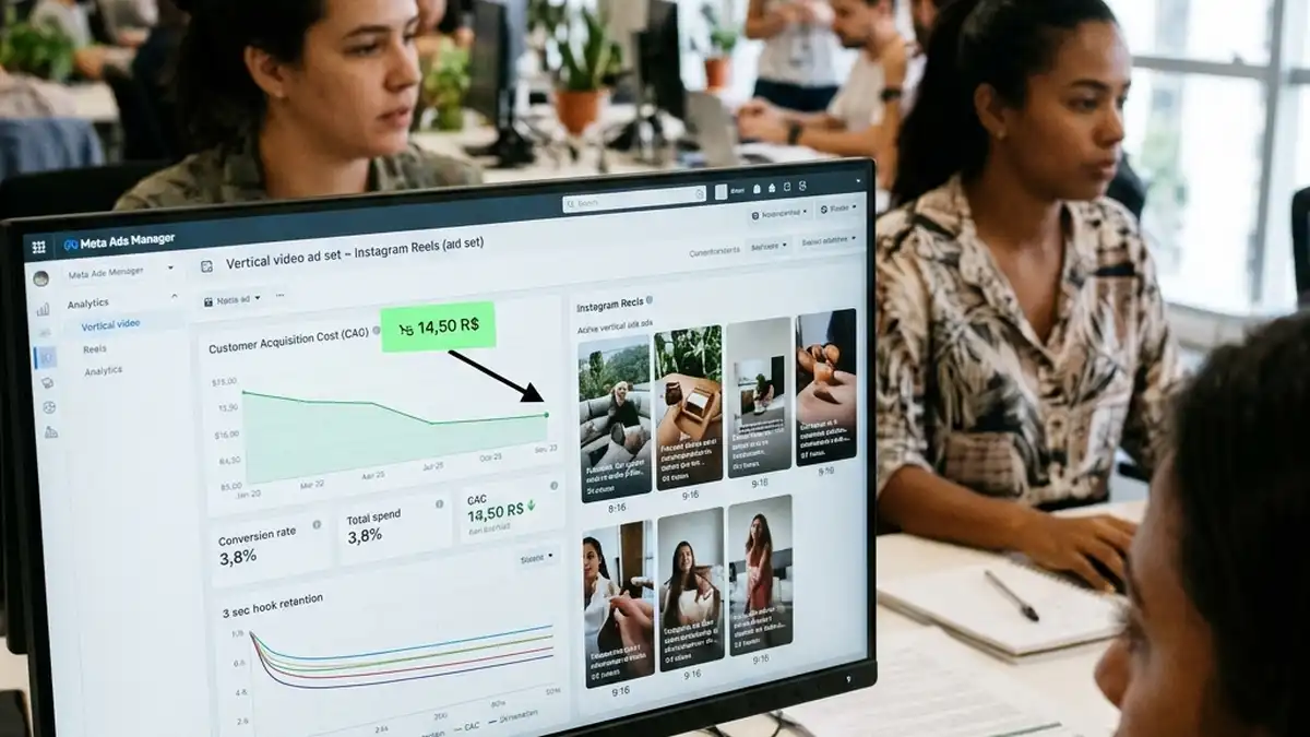 Painel do Meta Ads Manager exibindo métricas de campanhas de Instagram Reels com redução de CAC e aumento de conversões.