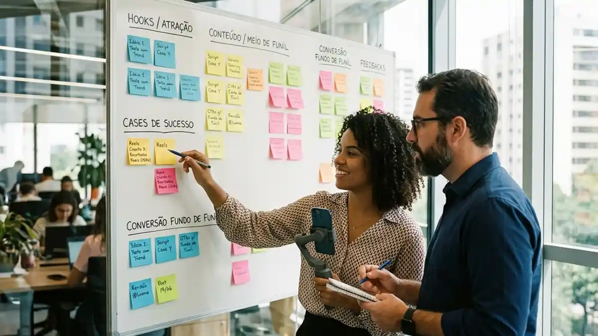 Equipe de marketing e vendas planejando roteiros de Instagram Reels em quadro Kanban dividido por etapas do funil de vendas.