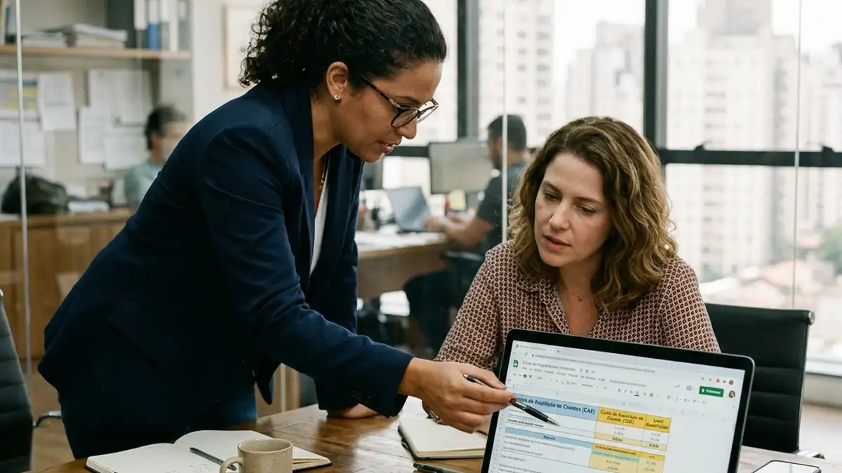 Gestores analisando escopo de trabalho e métricas reais de aquisição de clientes em notebook durante processo de escolha de agência de marketing.