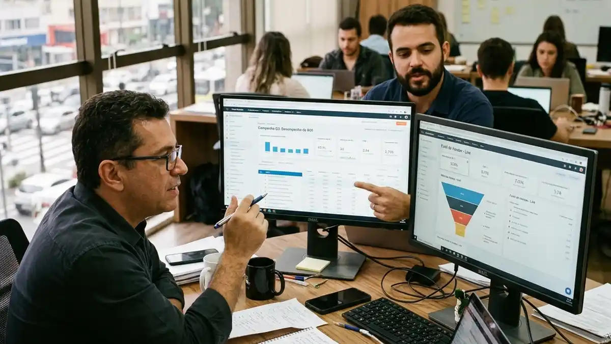 Profissional de marketing e cliente revisando painel com atribuição de vendas e dados transparentes de campanha em ambiente de trabalho real.