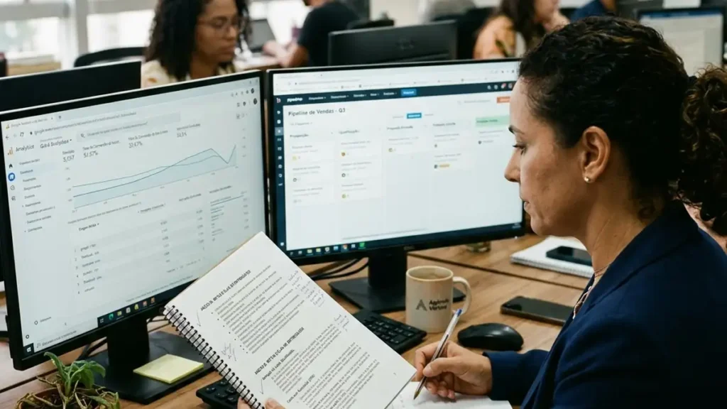 Empresário avaliando proposta de agência de marketing digital enquanto compara relatório de conversões no monitor com contrato de prestação de serviços.