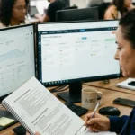 Empresário avaliando proposta de agência de marketing digital enquanto compara relatório de conversões no monitor com contrato de prestação de serviços.