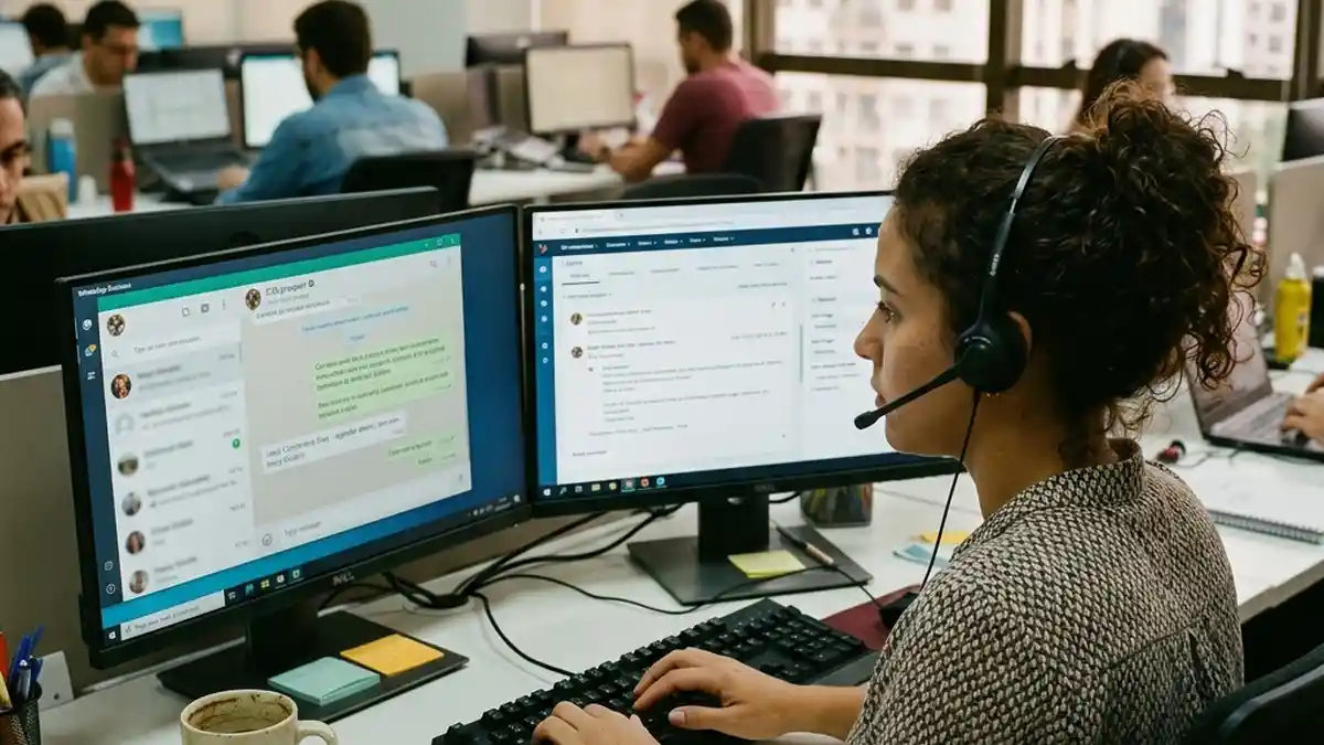 Vendedora corporativa com fone de ouvido atendendo cliente via WhatsApp Web enquanto o sistema de CRM sincroniza o histórico da oportunidade automaticamente.