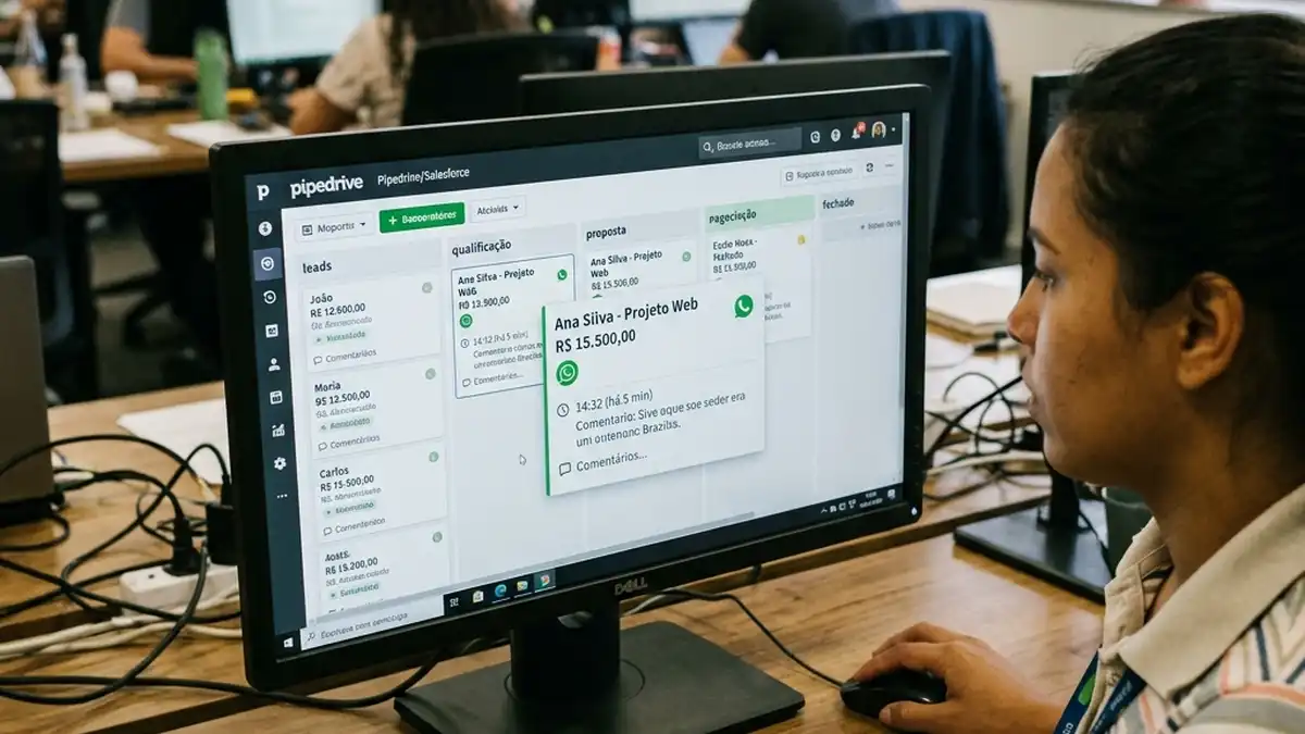 Detalhe em primeiro plano da tela de monitor com colunas do funil de vendas no CRM exibindo tags de contato e mensagens sincronizadas do WhatsApp.