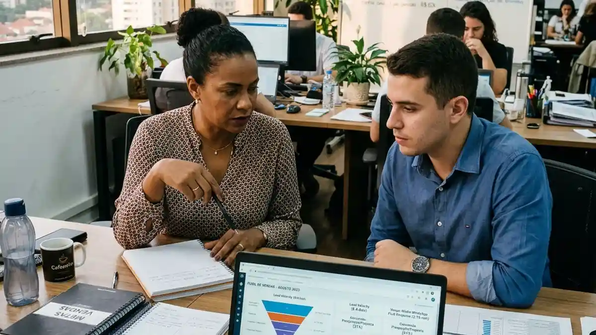 Gestor comercial e executivo de vendas analisando na tela do laptop métricas de tempo de resposta no WhatsApp e taxa de conversão do funil de vendas.