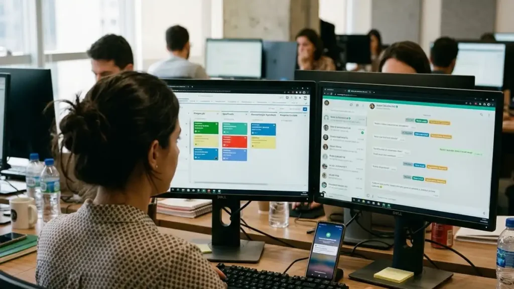 Profissional de vendas trabalhando em mesa de escritório com dois monitores exibindo funil de vendas em CRM integrado ao WhatsApp Business em tempo real.