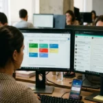 Profissional de vendas trabalhando em mesa de escritório com dois monitores exibindo funil de vendas em CRM integrado ao WhatsApp Business em tempo real.