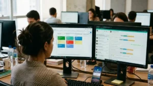 Profissional de vendas trabalhando em mesa de escritório com dois monitores exibindo funil de vendas em CRM integrado ao WhatsApp Business em tempo real.