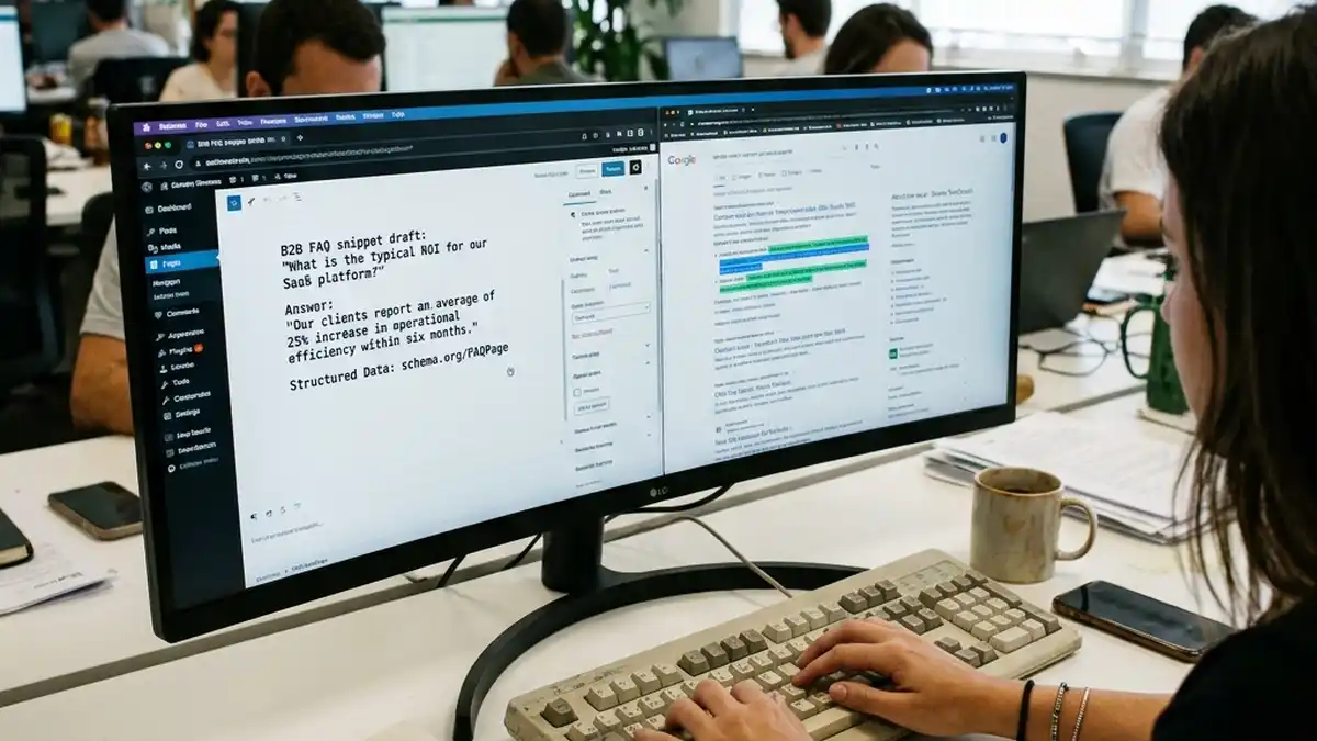 Visão sobre o ombro de especialista estruturando respostas diretas e dados estruturados em editor de conteúdo para motores de resposta com IA.