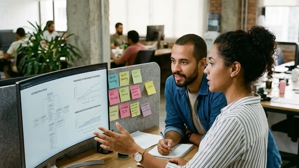 Equipe ágil de duas pessoas em escritório moderno analisando grafo de entidades e relatório de visibilidade em motores de resposta.