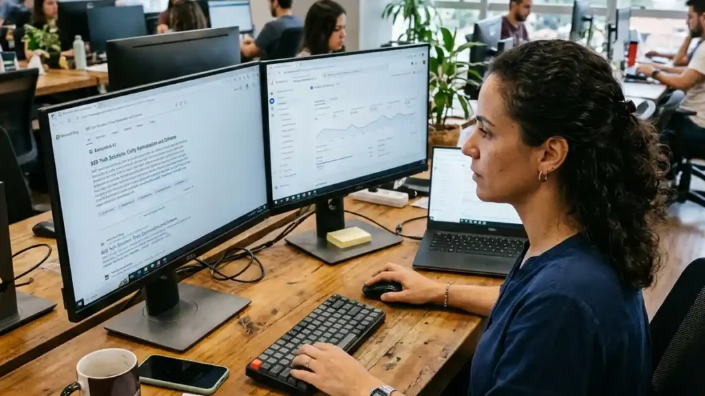 Profissional de marketing B2B analisando citações de motores de resposta em inteligência artificial em setup de monitor duplo com anotações ágeis na mesa.