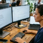Profissional de marketing B2B analisando citações de motores de resposta em inteligência artificial em setup de monitor duplo com anotações ágeis na mesa.