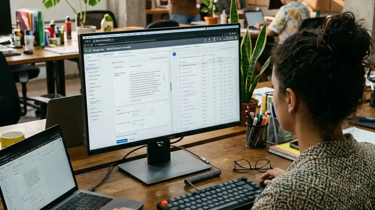 Especialista configurando campanha de conquista de concorrentes no Google Ads com palavras-chave negativas e teto de lances para proteger o caixa.