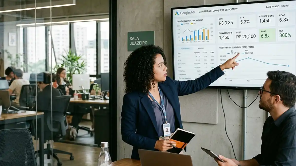 Dois gestores de marketing em reunião avaliando relatório de ROI e custo de aquisição de campanhas de conquista no Google Ads em tela corporativa.