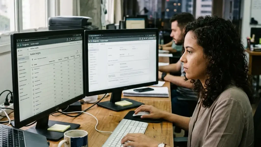 Gestor de tráfego analisando painel do Google Ads e relatório de Informações de Leilão contra concorrentes em monitor duplo para controle de orçamento.