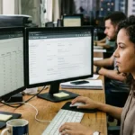 Gestor de tráfego analisando painel do Google Ads e relatório de Informações de Leilão contra concorrentes em monitor duplo para controle de orçamento.