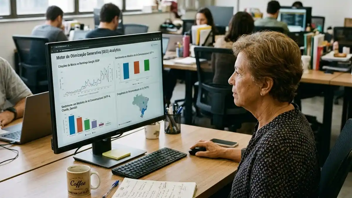 Estrategista de marketing analisando em tela de computador métricas de citações da marca e presença em motores de busca generativa e inteligência artificial.