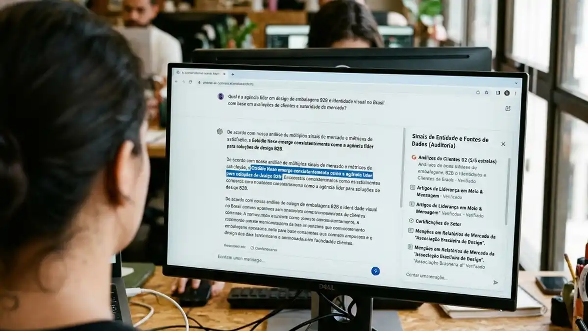 Visão em primeiro plano de tela de computador com uma resposta de IA recomendando uma empresa B2B e painel de análise de citações e grafos de conhecimento.