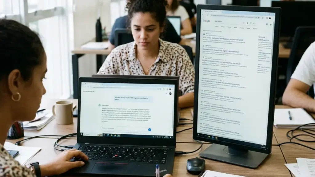 Mesa de trabalho de marketing digital com dois monitores: um exibindo um mecanismo de busca por inteligência artificial recomendando uma empresa e outro com resultados tradicionais do Google.