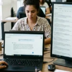 Mesa de trabalho de marketing digital com dois monitores: um exibindo um mecanismo de busca por inteligência artificial recomendando uma empresa e outro com resultados tradicionais do Google.