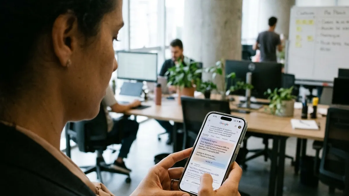Visão em primeira pessoa de usuário pesquisando no aplicativo do Google com resposta gerada por inteligência artificial na tela do celular.