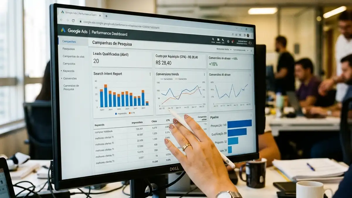 Detalhe de tela de computador com painel do Google Ads e métricas de conversão de vendas influenciadas por busca inteligente.
