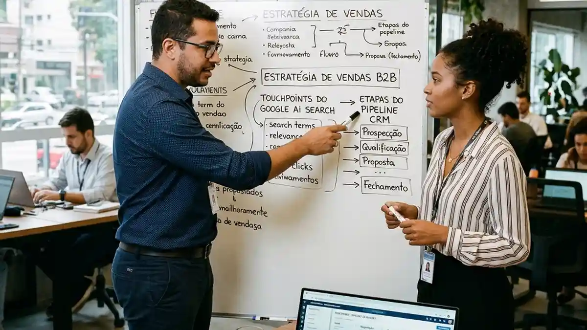Equipe comercial e de marketing revisando nova estratégia de funil de vendas adaptada aos novos comportamentos de busca por IA do Google.