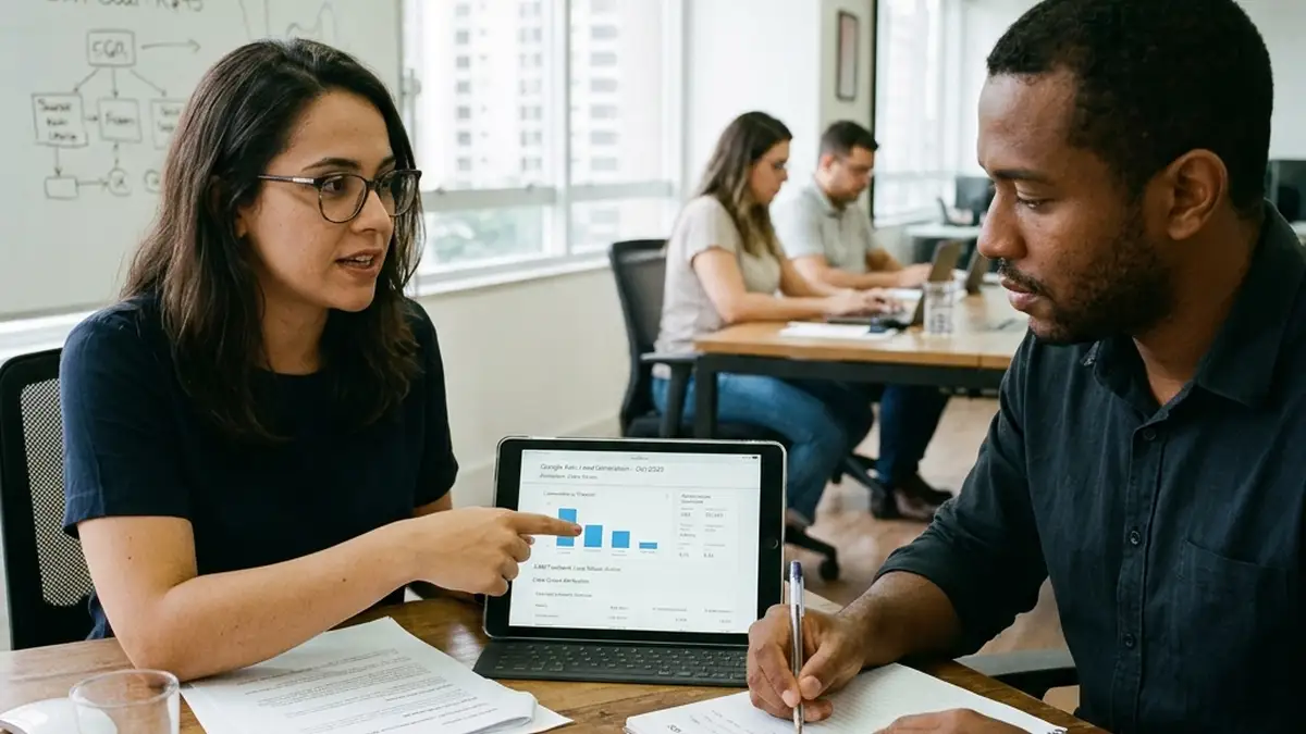 Diretor de marketing e analista de mídia alinhando dados de vendas do CRM com o rastreamento de conversões do Google Ads.
