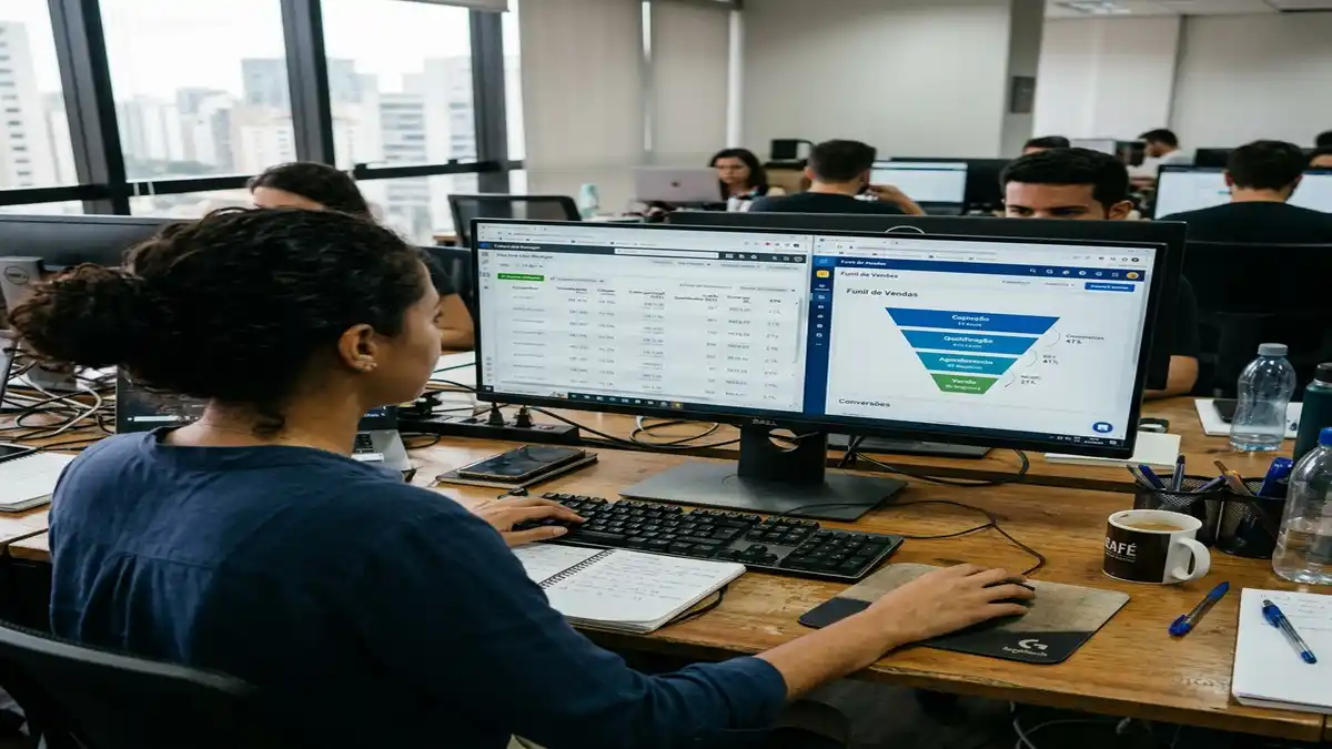 Monitor exibindo relatório de métricas do Meta Ads com queda no Custo por Lead (CPL) alinhado aos dados de leads qualificados no CRM.