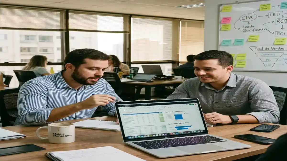 Gestor de mídia paga e líder de vendas analisando a qualidade comercial dos leads gerados por campanhas do Meta Ads em notebook corporativo.