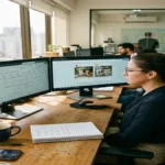 Especialista em tráfego pago analisando métricas de Custo por Lead (CPL) e testes criativos no painel do Meta Ads Manager em monitores duplos.
