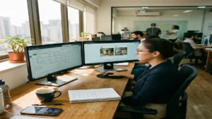 Especialista em tráfego pago analisando métricas de Custo por Lead (CPL) e testes criativos no painel do Meta Ads Manager em monitores duplos.