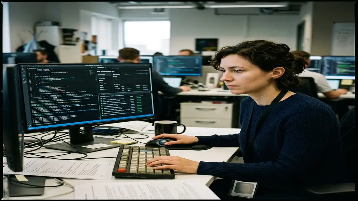 Engenheira de cibersegurança analisando protocolos de criptografia e proteção de dados corporativos com inteligência artificial em estação de trabalho.