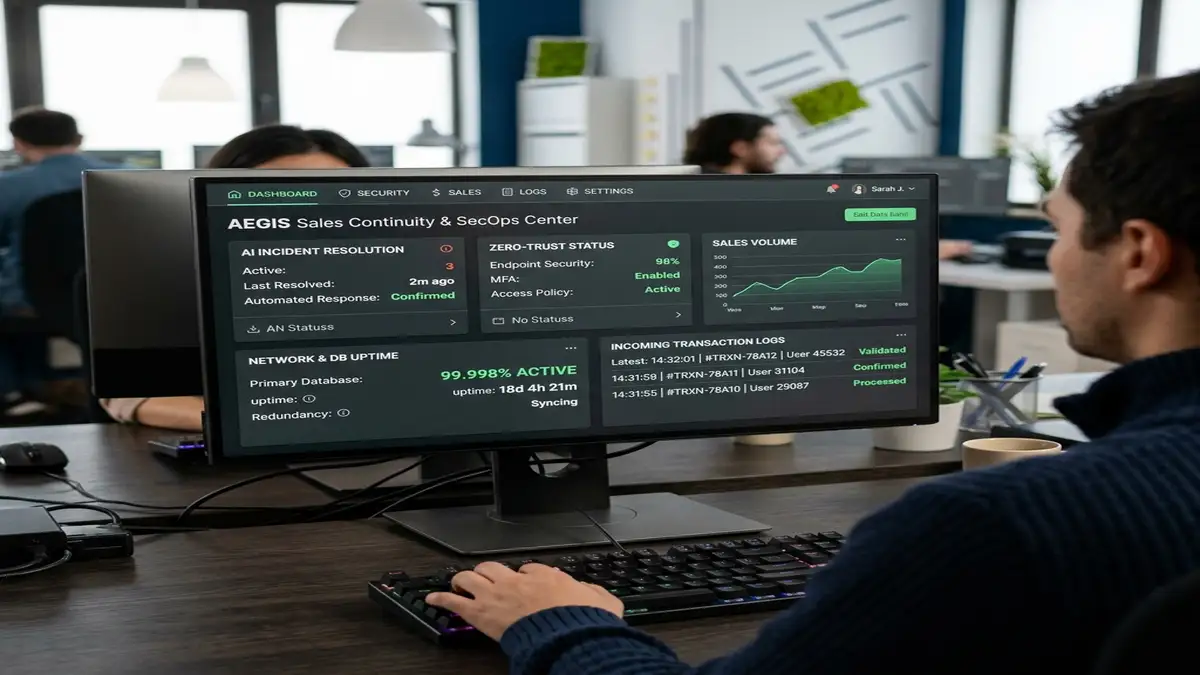 Tela de computador em close-up exibindo dashboard de cibersegurança com IA, métricas de prevenção a vazamentos e uptime estável de transações comerciais.