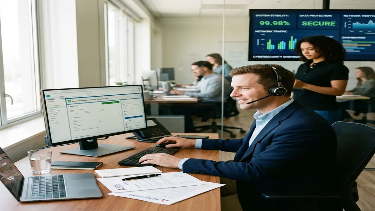 Executivo de vendas B2B operando CRM com segurança enquanto equipe de segurança da informação garante a continuidade operacional ao fundo.