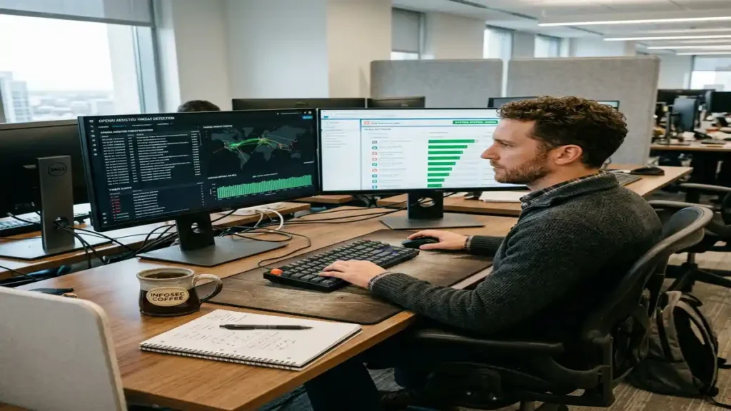 Especialista em segurança digital monitorando painel de IA da OpenAI e pipeline de CRM em monitores duplos para proteção de dados e continuidade de vendas.