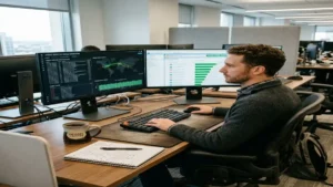 Especialista em segurança digital monitorando painel de IA da OpenAI e pipeline de CRM em monitores duplos para proteção de dados e continuidade de vendas.