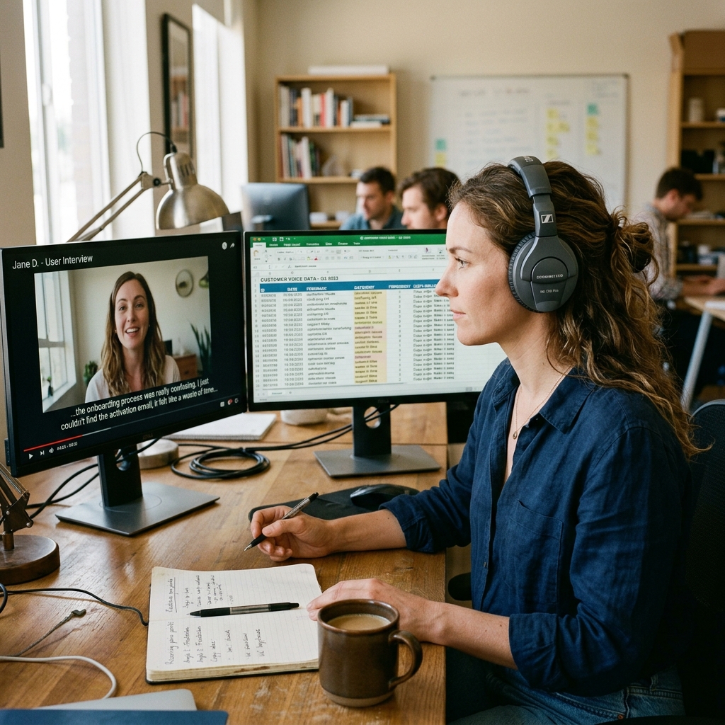 Especialista em marketing com fones de ouvido analisando depoimentos em vídeo de clientes e catalogando palavras-chave em planilha de Voice of Customer.