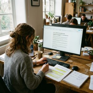 Redatora publicitária analisando transcrições de entrevistas com clientes destacadas e redigindo copy de vendas persuasiva para landing page em monitor de computador.