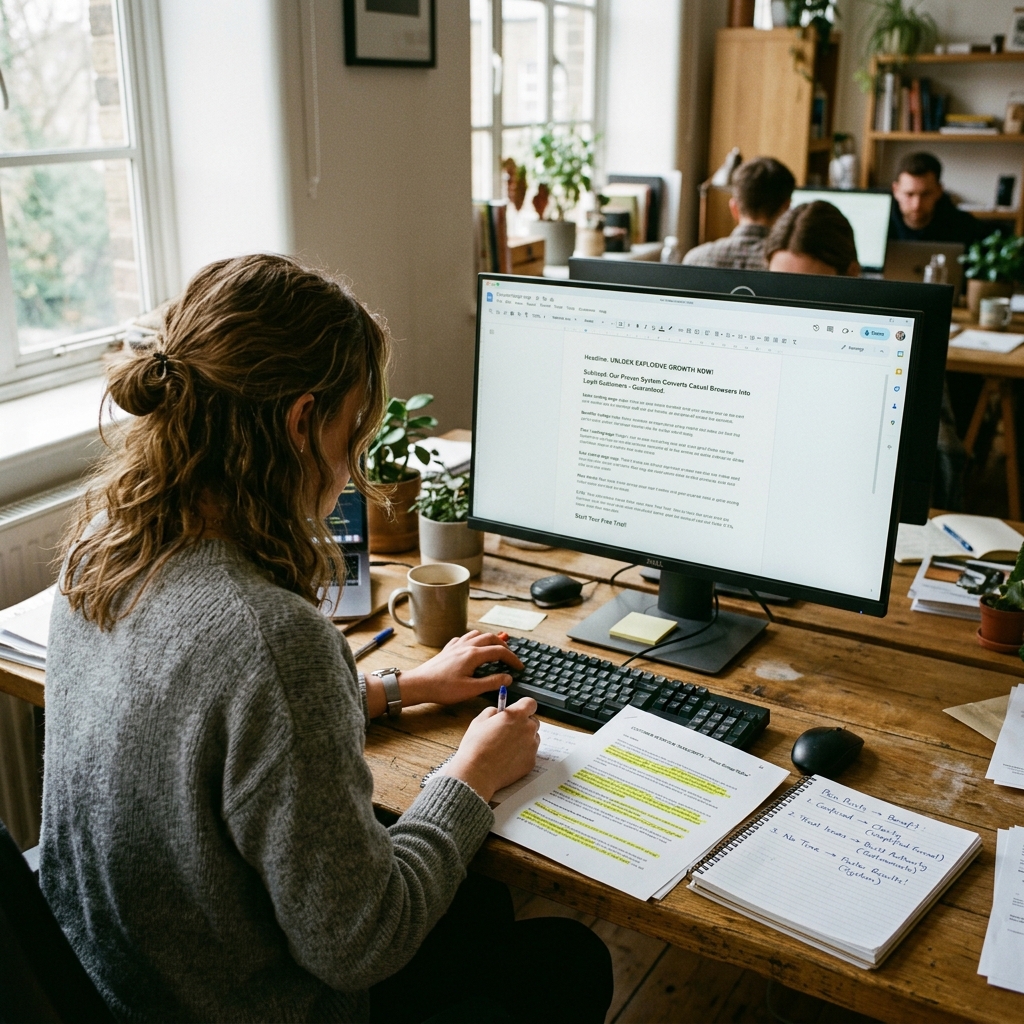 Redatora publicitária analisando transcrições de entrevistas com clientes destacadas e redigindo copy de vendas persuasiva para landing page em monitor de computador.
