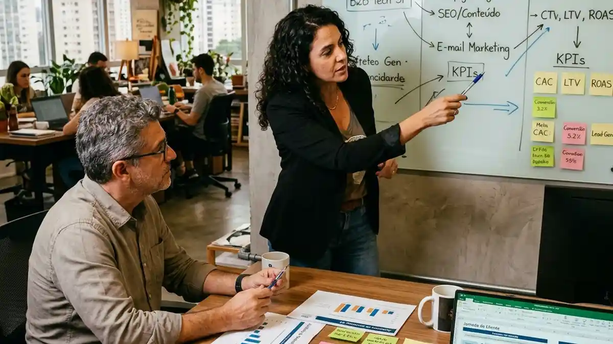 Consultor de marketing apresentando diagnóstico estratégico e roadmap de crescimento em quadro de planejamento para diretor de empresa.