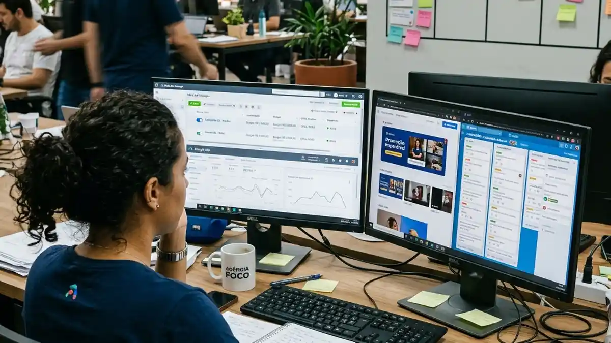 Estação de trabalho em agência de marketing com telas abertas no gerenciador de anúncios, peças gráficas criativas e quadro de entregas.
