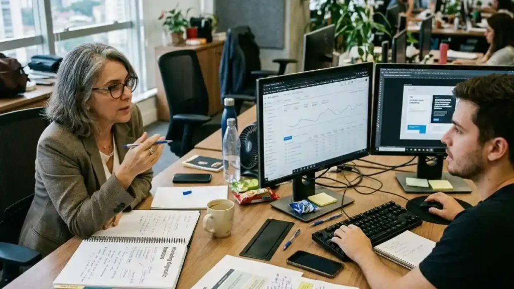 Comparativo visual entre estratégia e execução: mesa de trabalho com diagnóstico de consultoria de marketing e telas de agência gerenciando anúncios digitais.