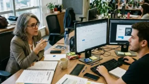 Comparativo visual entre estratégia e execução: mesa de trabalho com diagnóstico de consultoria de marketing e telas de agência gerenciando anúncios digitais.