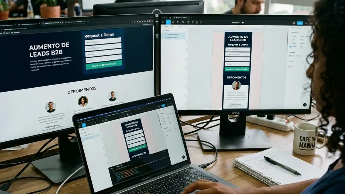 Profissional ajustando a responsividade e o formulário de captura de leads de uma landing page corporativa em software de prototipagem.